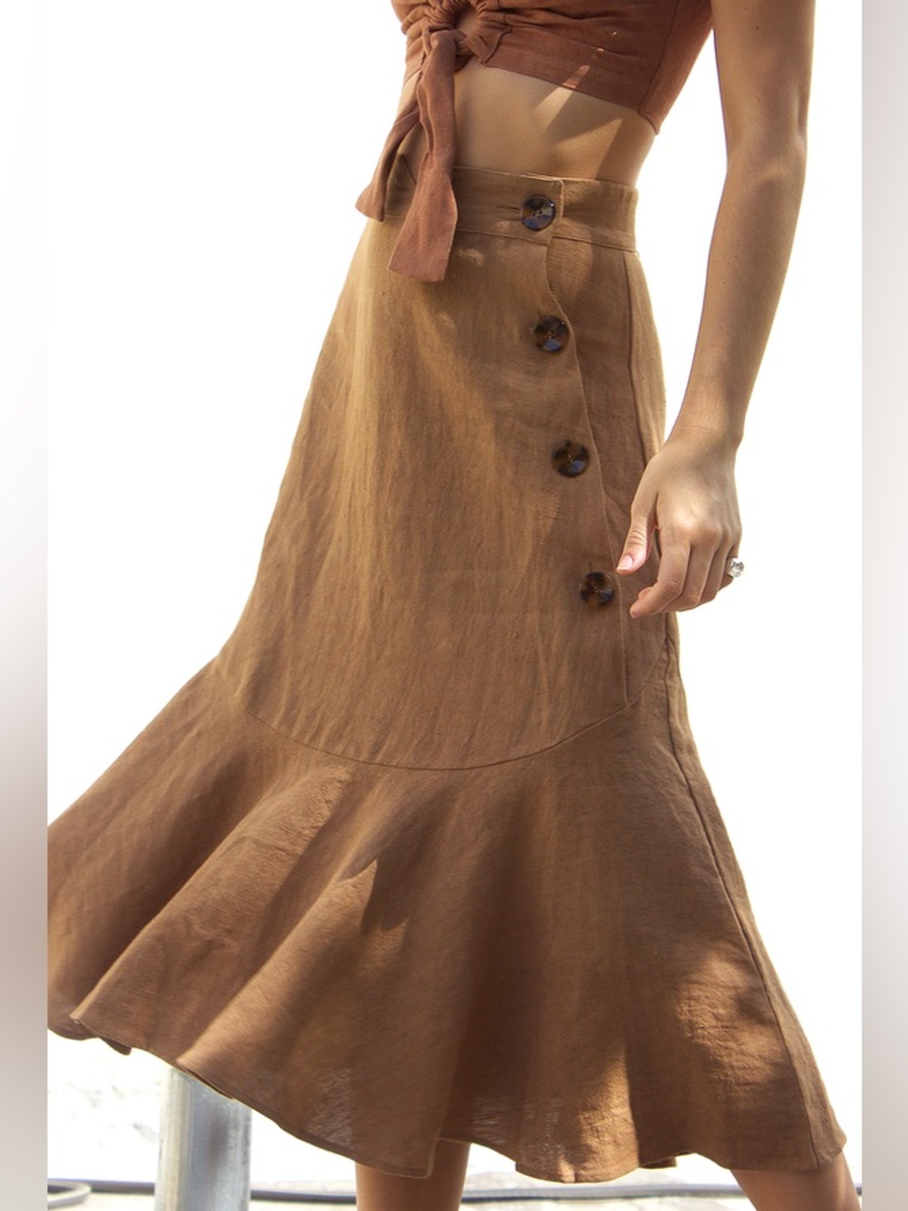 NWOT Ajaie Alaie Bonita Linen Ruffle Button Skirt in Melao Brown Small